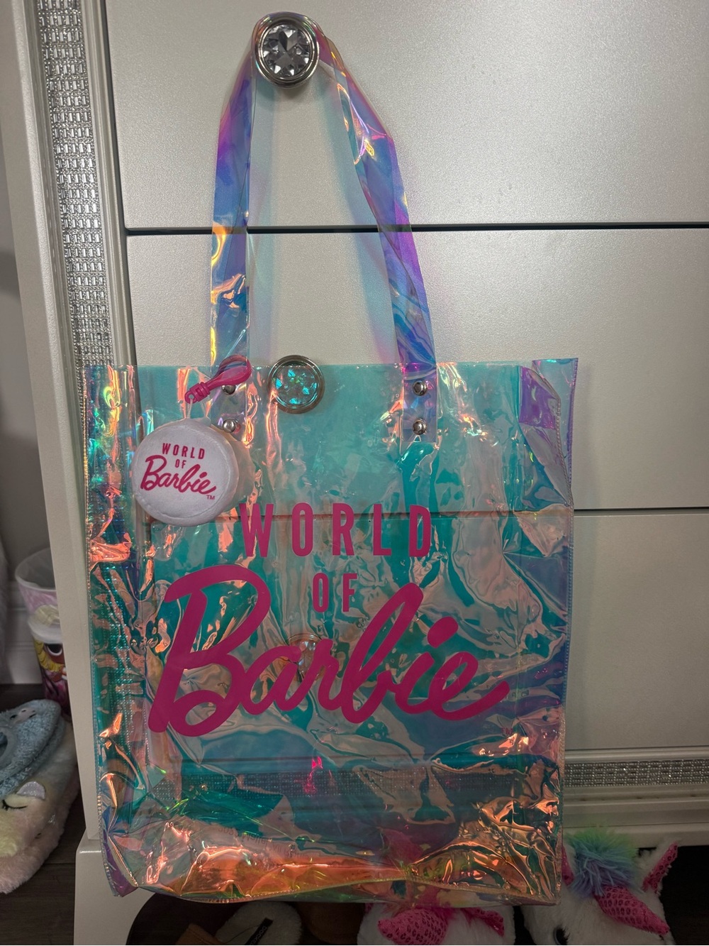 Barbie Iridescent Teal Tote with Pink Logo